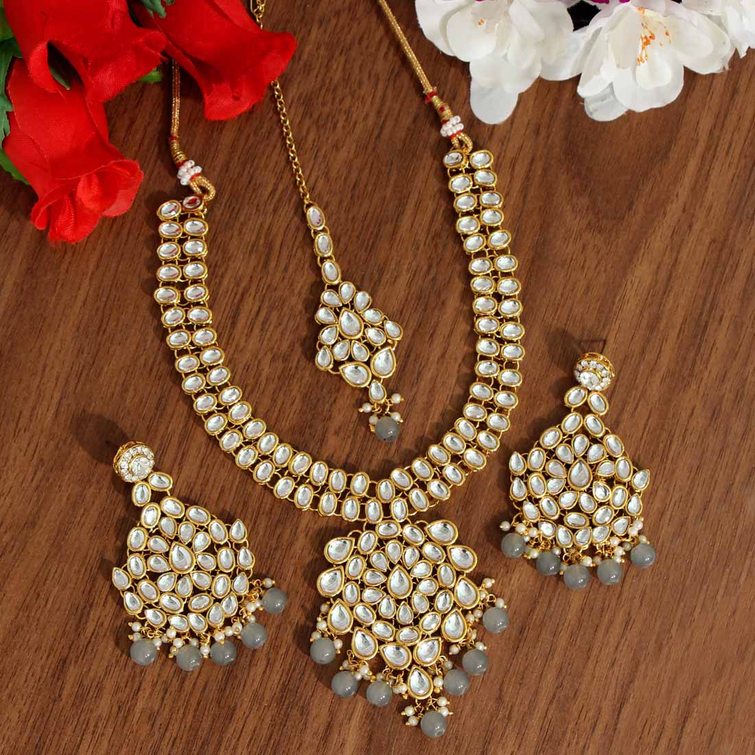 Grey Color Kundan Necklace Set (KN988GRY) Jewellery GetGlit   