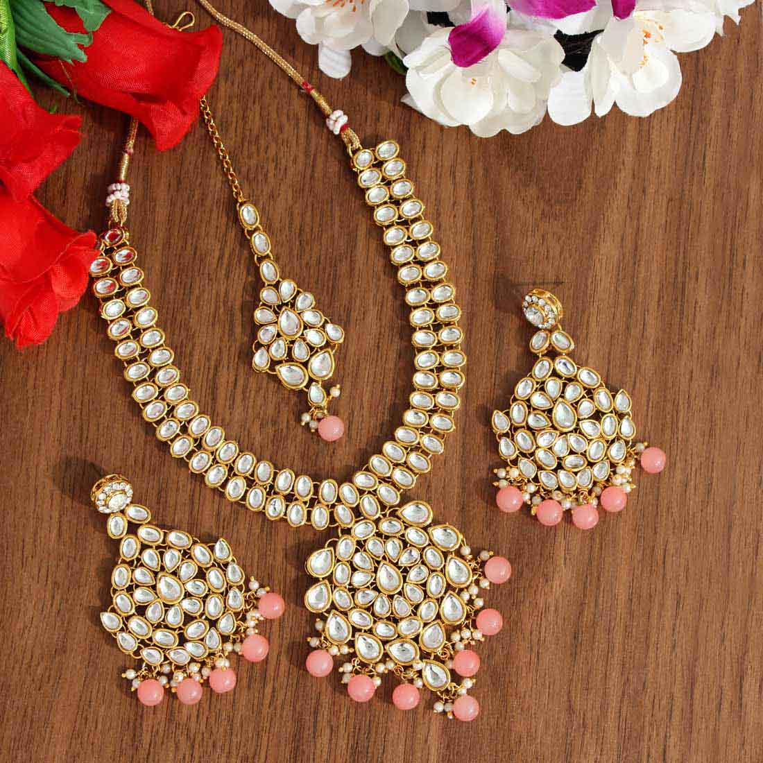 Peach Color Kundan Necklace Set