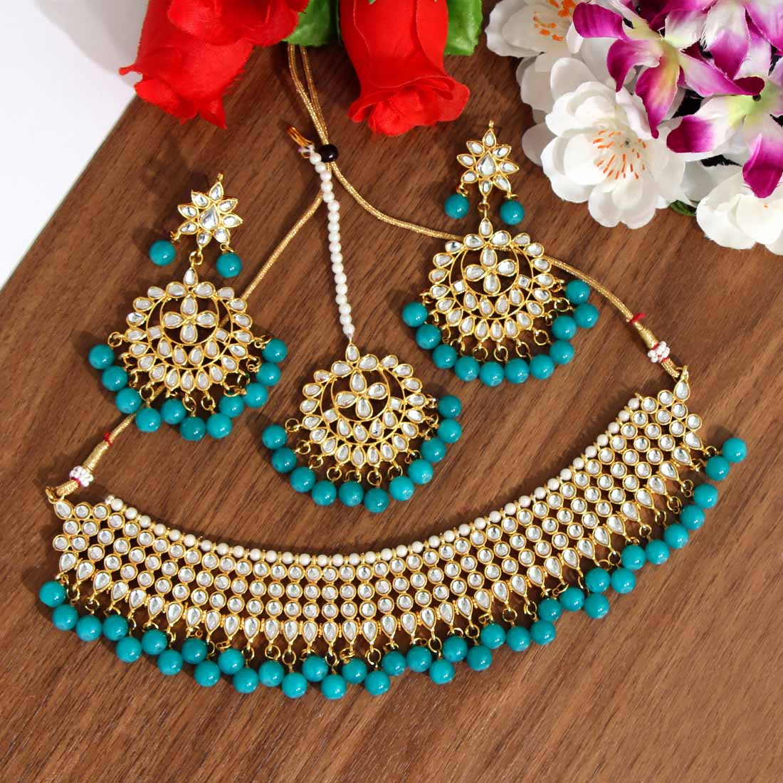 Firozi Color Kundan Necklace Set (KN989FRZ) Jewellery GetGlit   