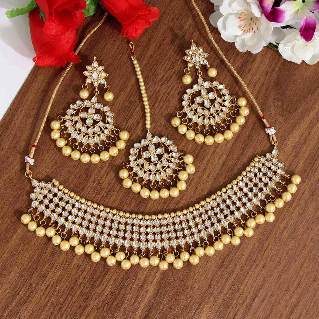 Gold Color Kundan Necklace Set (KN989GLD) Necklaces GetGlit   