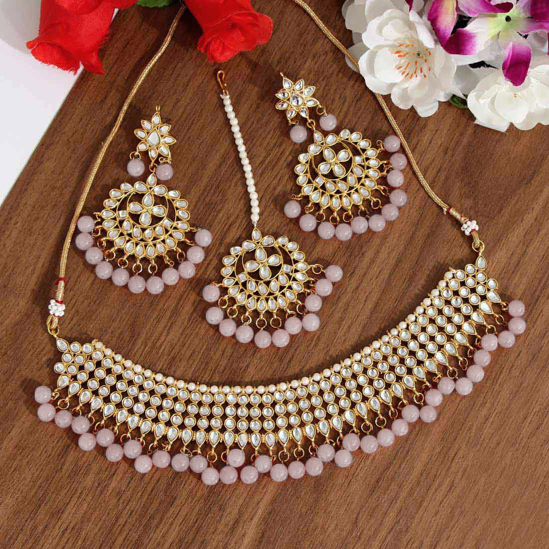 Peach Color Kundan Necklace Set (KN989PCH) Necklaces GetGlit   