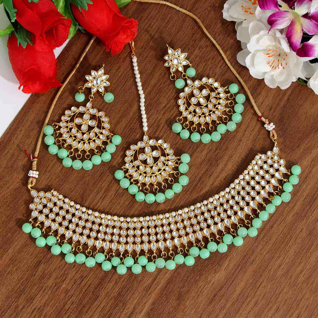 Pista Green Color Kundan Necklace Set (KN989PGRN) Jewellery GetGlit   