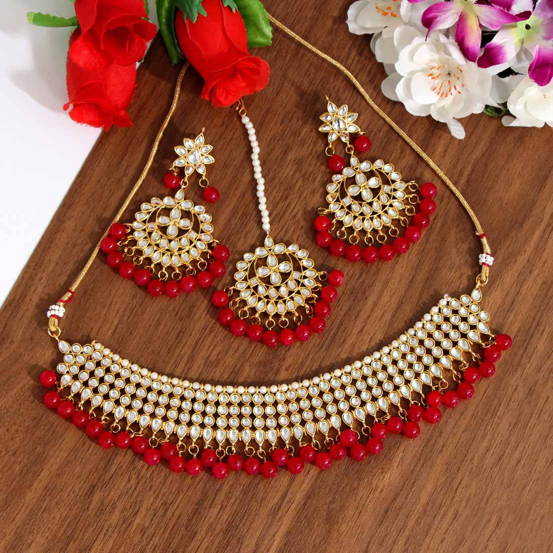 Red Color Kundan Necklace Set (KN989RED) Jewellery GetGlit   