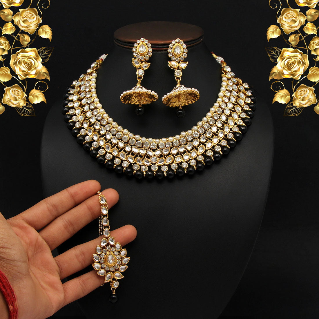 Black Color Kundan Necklace Set (KN995BLK) Jewellery GetGlit   