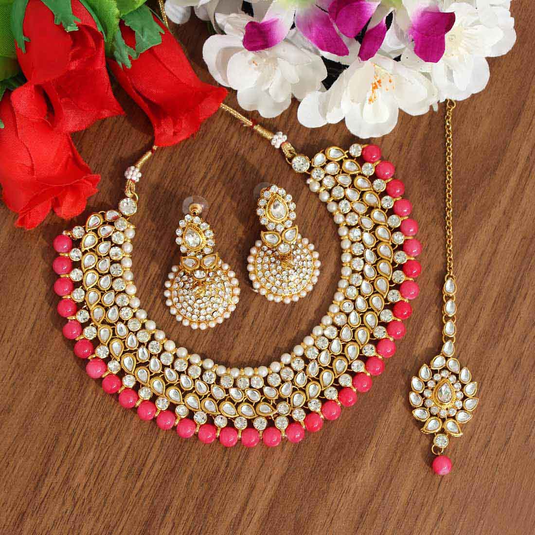 Dark Peach Color Kundan Necklace Set (KN995DPCH) Jewellery GetGlit   