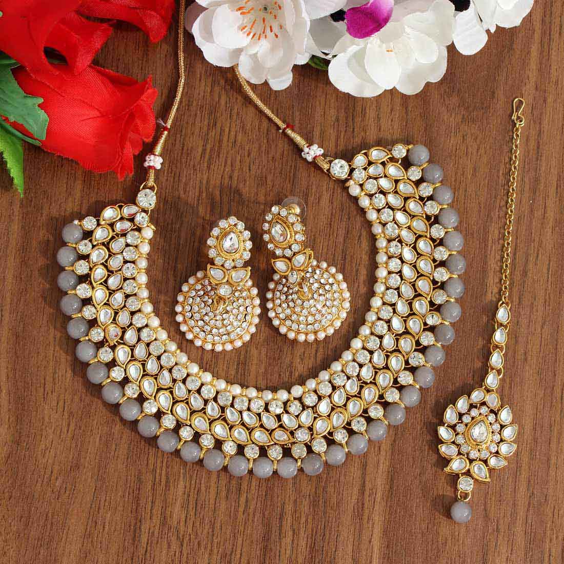 Grey Color Kundan Necklace Set (KN995GRY) Jewellery GetGlit   