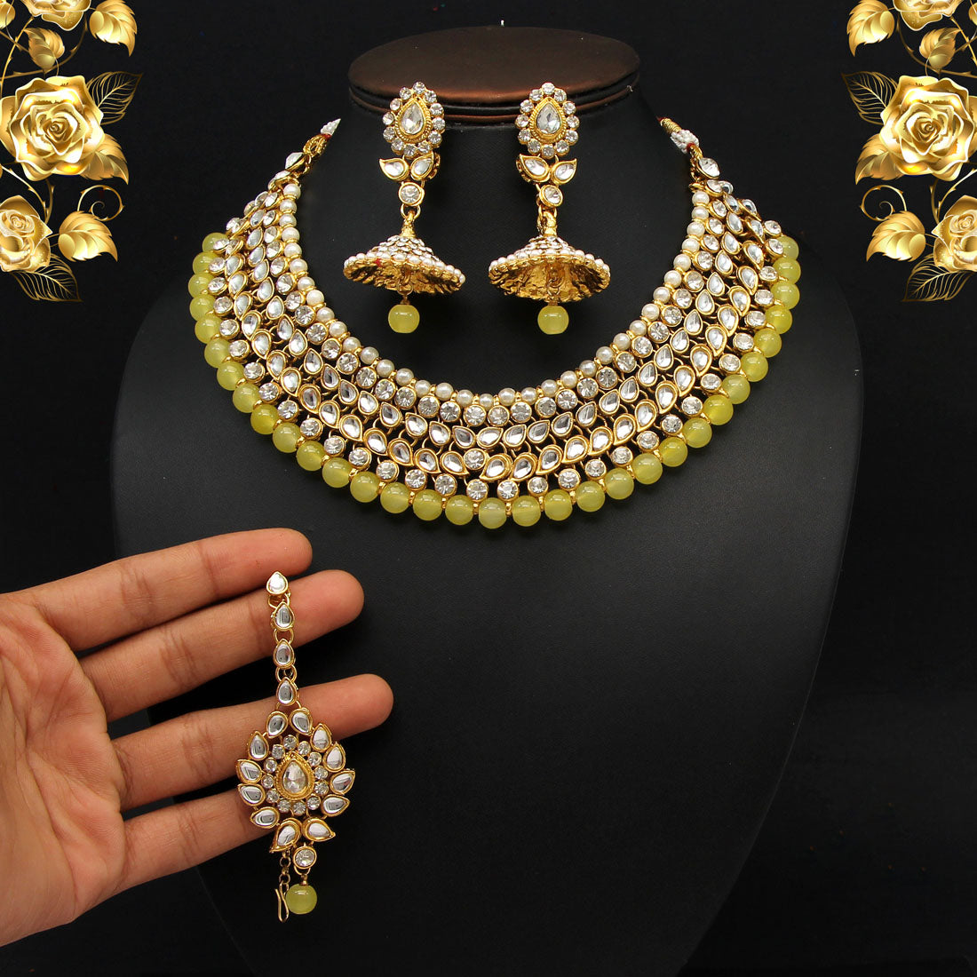 Lemon Yellow Color Kundan Necklace Set (KN995LYLW)