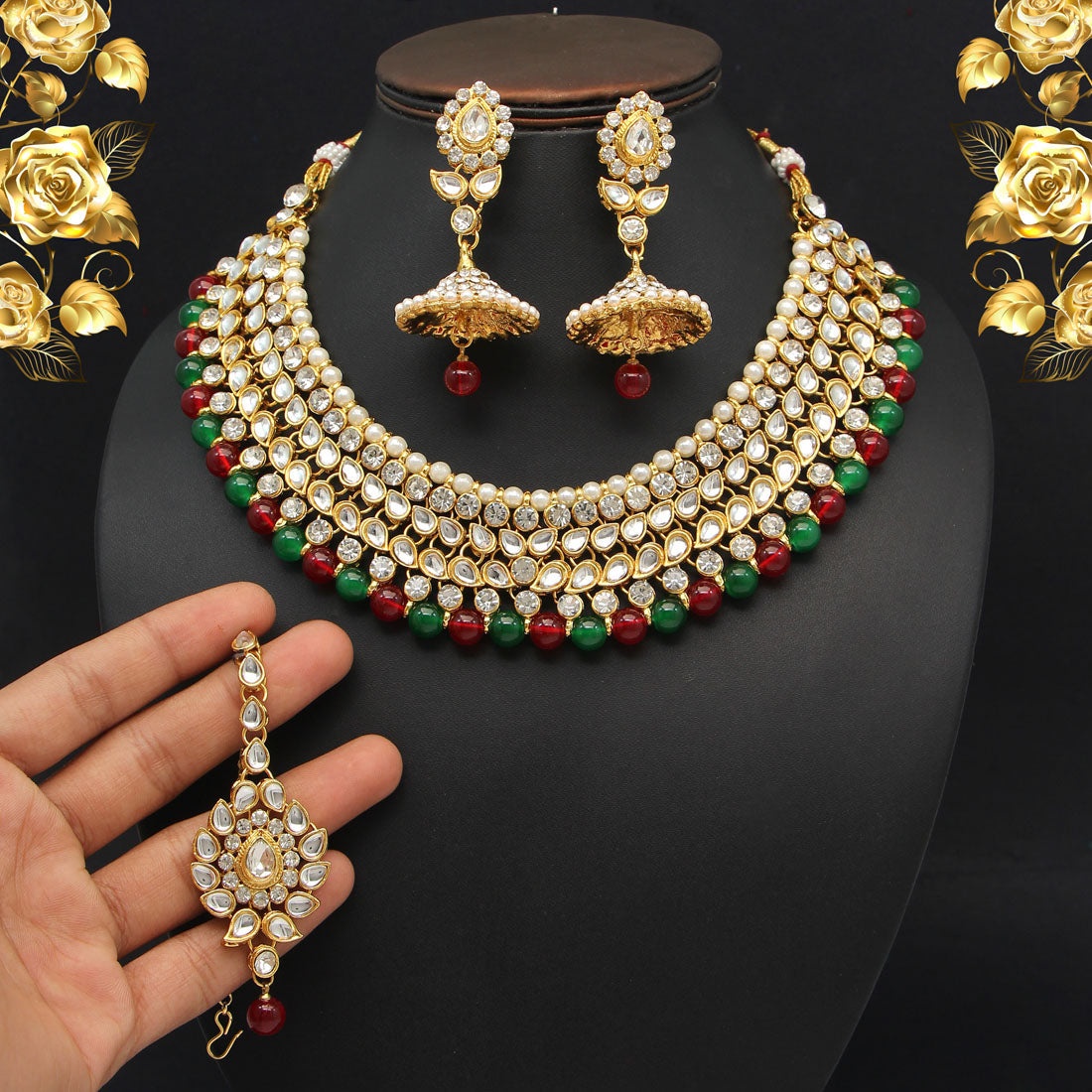 Maroon & Green Color Kundan Necklace Set (KN995MG) Jewellery GetGlit   