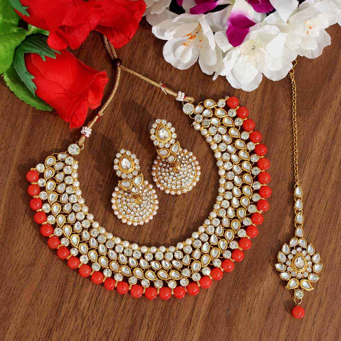 Orange Color Kundan Necklace Set (KN995ORG) Jewellery GetGlit   