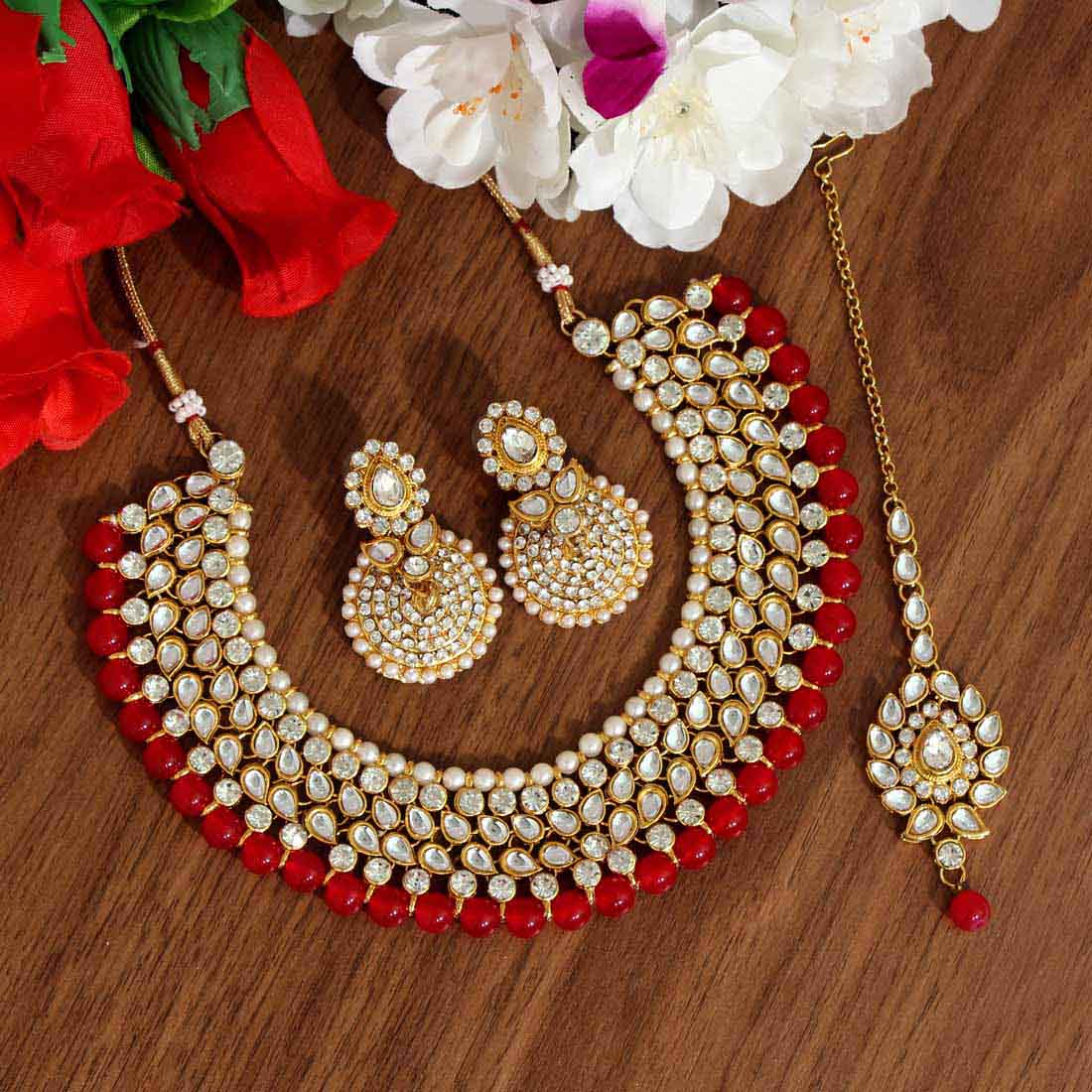 Red Color Kundan Necklace Set (KN995RED) Jewellery GetGlit   