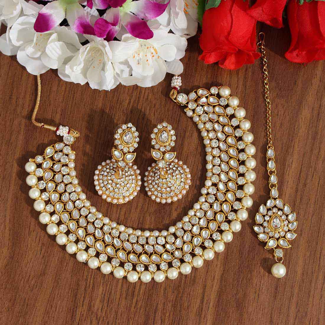 White Color Kundan Necklace Set (KN995WHT) Necklaces GetGlit   