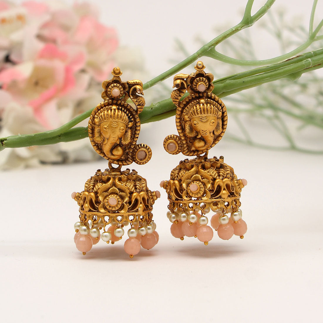 Peach Color Matte Gold Big Jhumka Temple Earrings (MGE190PCH) Earrings GetGlit   