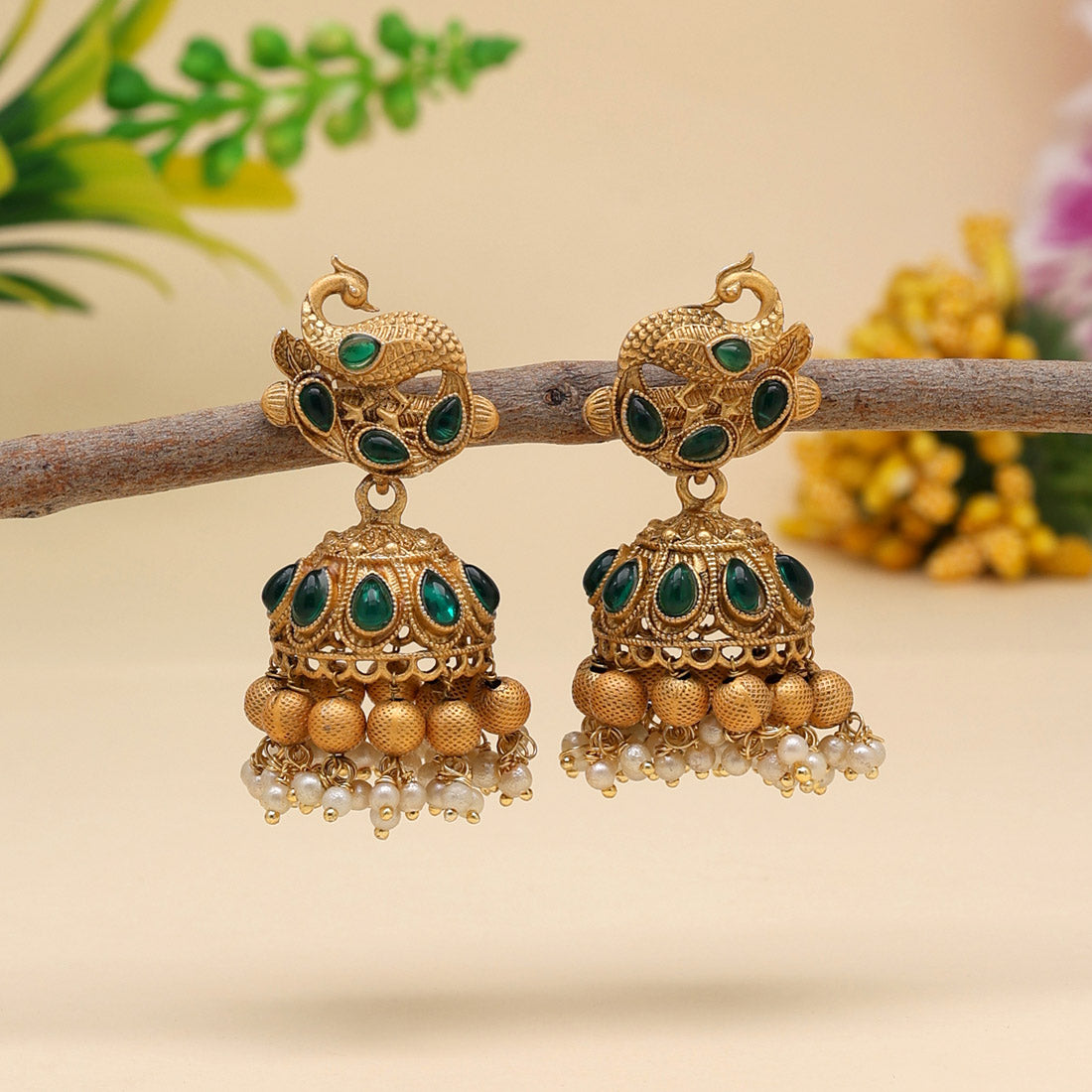 Green Color Matte Gold Earrings (MGE228GRN) Earrings GetGlit   