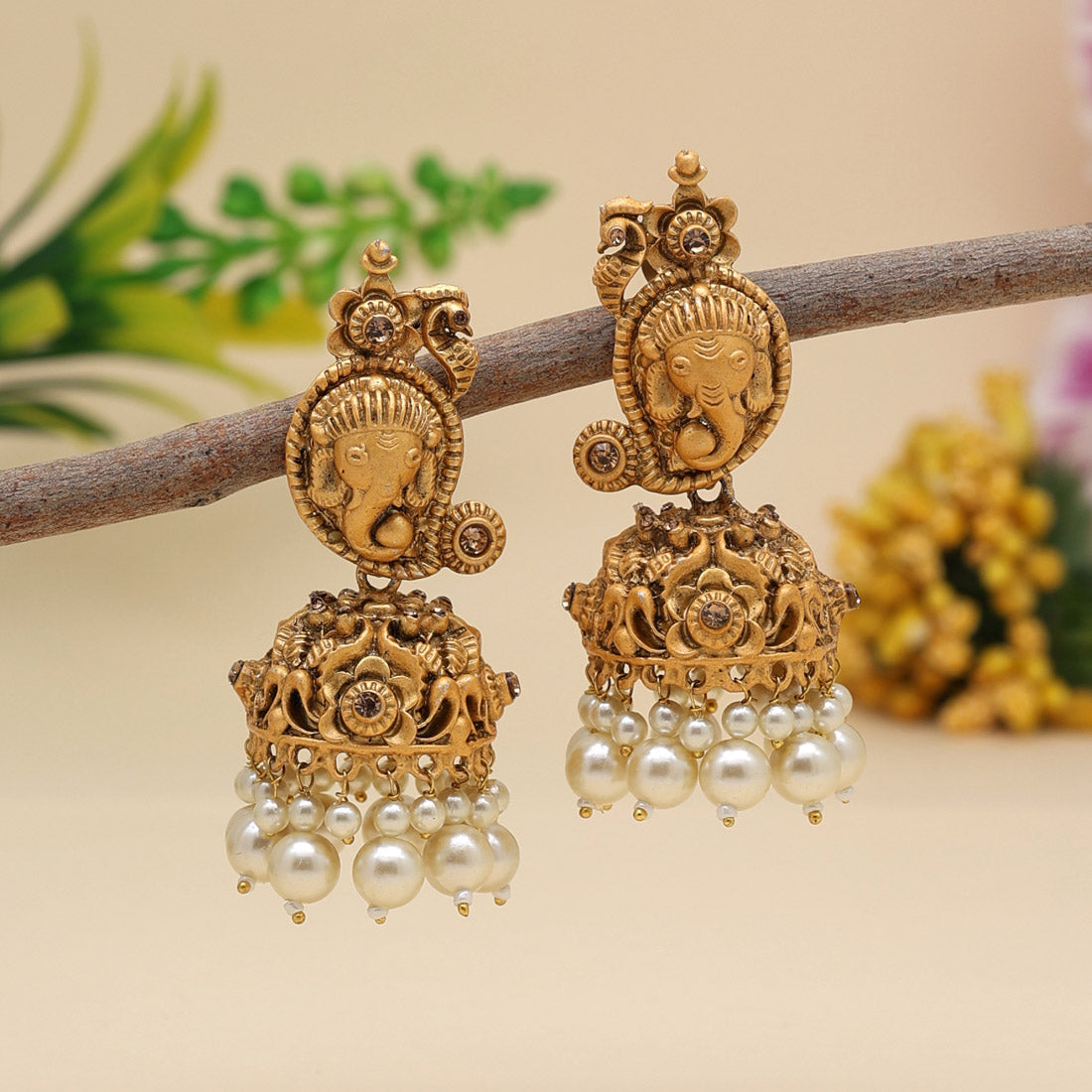 White Color Matte Gold Temple Earrings (MGE243WHT) Jewellery GetGlit   