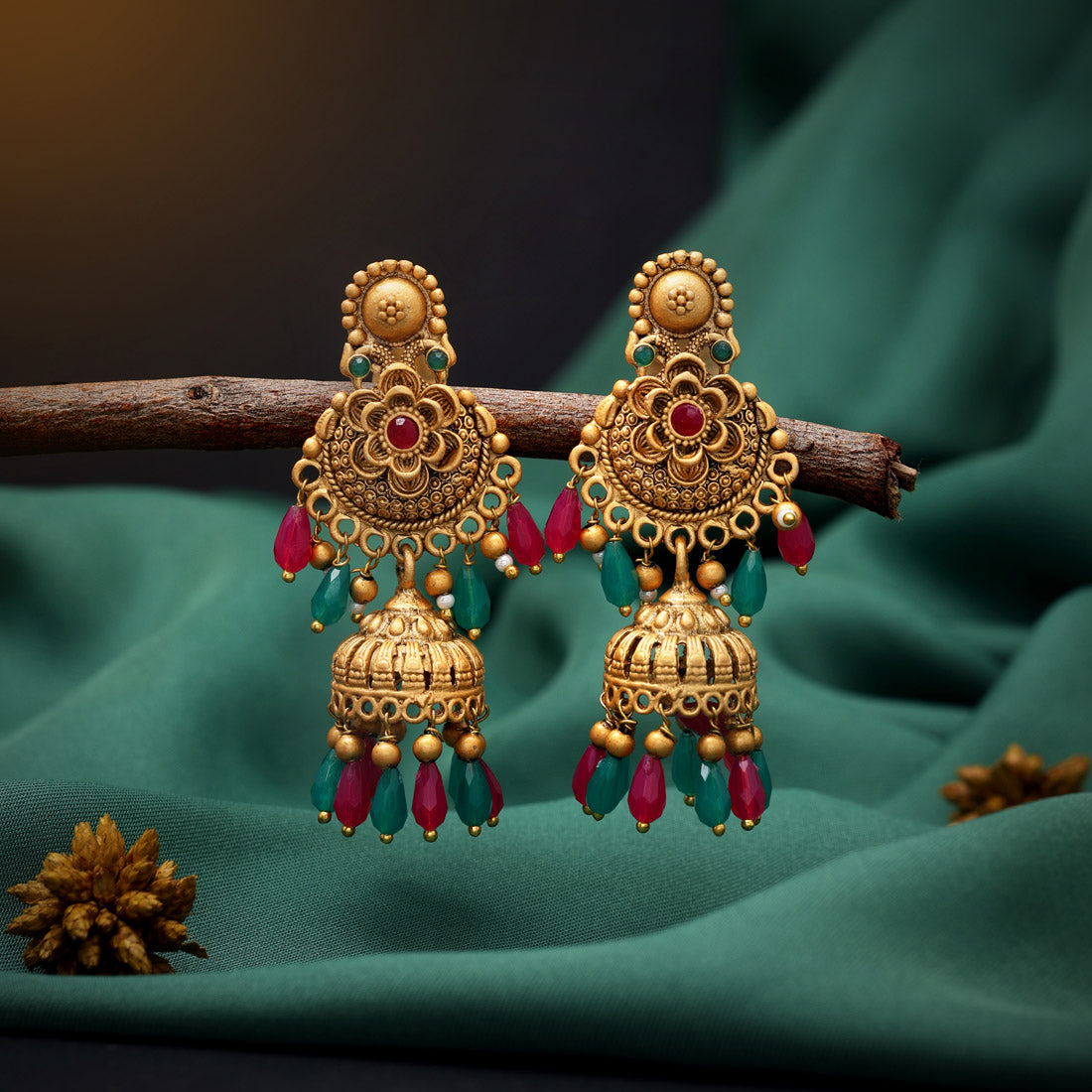 Rani & Green Color Matte Gold Earrings (MGE262RNIGRN) Earrings GetGlit   