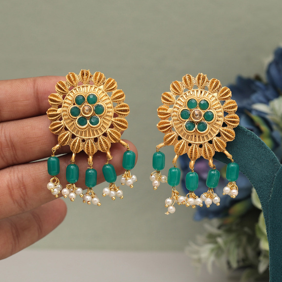 Green Color Matte Gold Earrings (MGE307GRN) Earrings GetGlit   