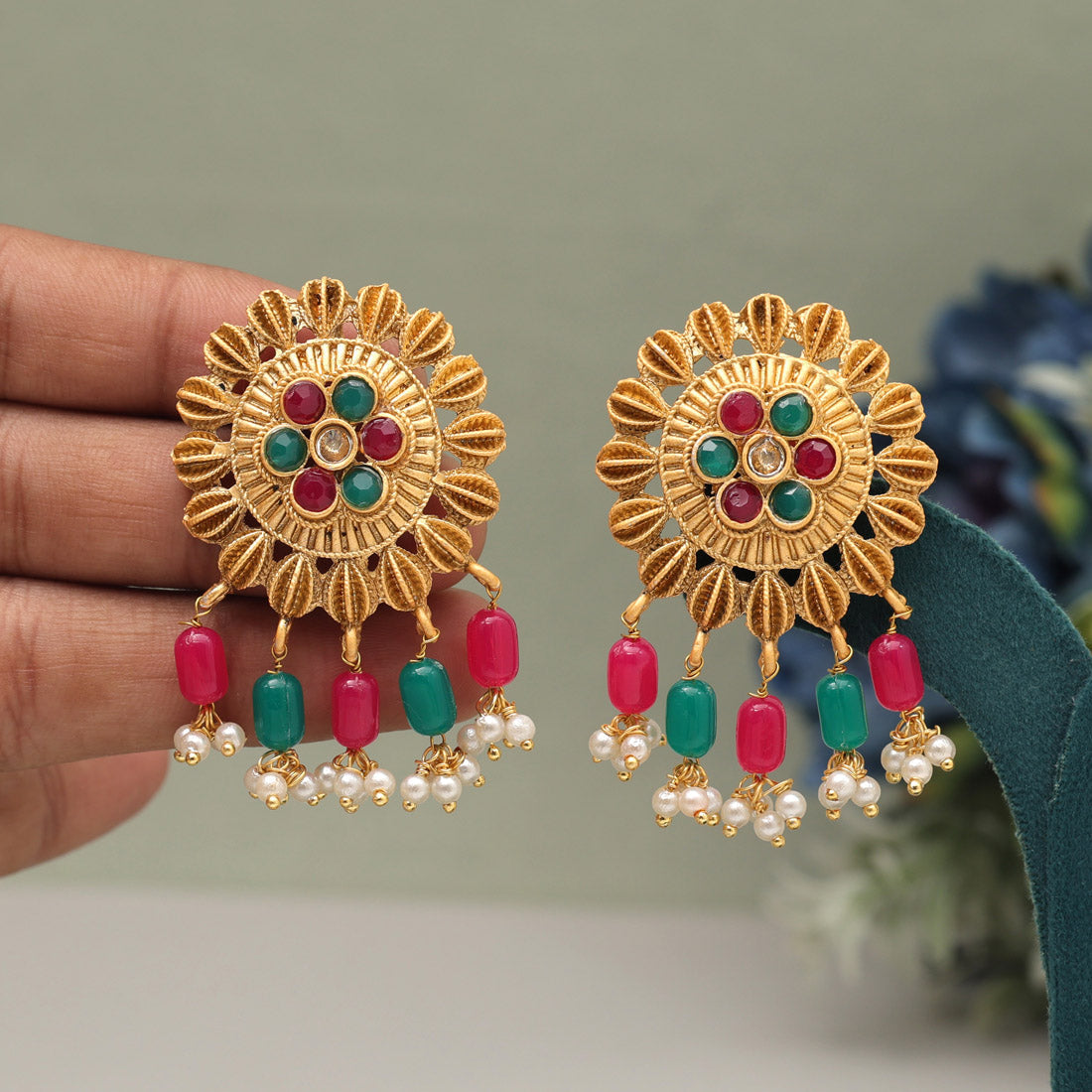 Rani & Green Color Rajwadi Matte Gold Earrings (MGE307RNIGRN) Jewellery GetGlit   