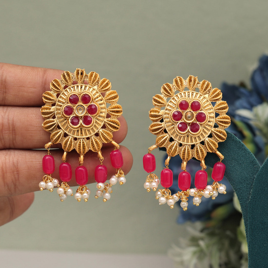 Rani Color Rajwadi Matte Gold Earrings (MGE307RNI) Jewellery GetGlit   