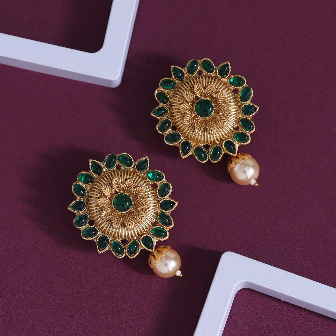 Green Color Rajwadi Matte Gold Earrings (MGE310GRN)