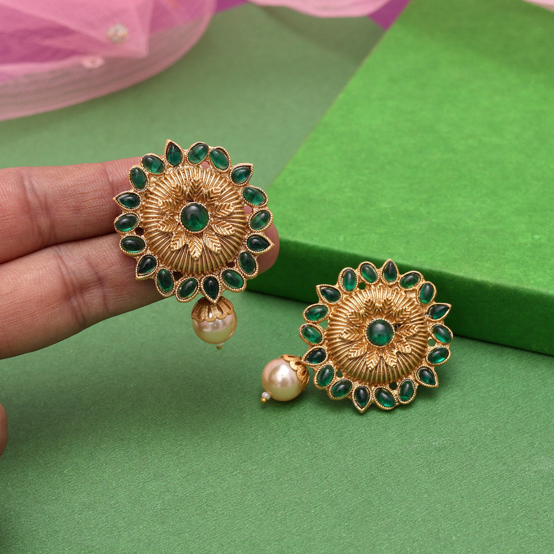 Green Color Rajwadi Matte Gold Earrings (MGE310GRN) Jewellery GetGlit