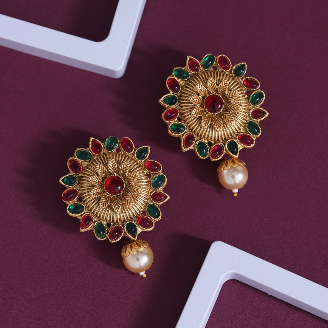 Rani & Green Color Rajwadi Matte Gold Earrings (MGE310RNIGRN) Jewellery GetGlit