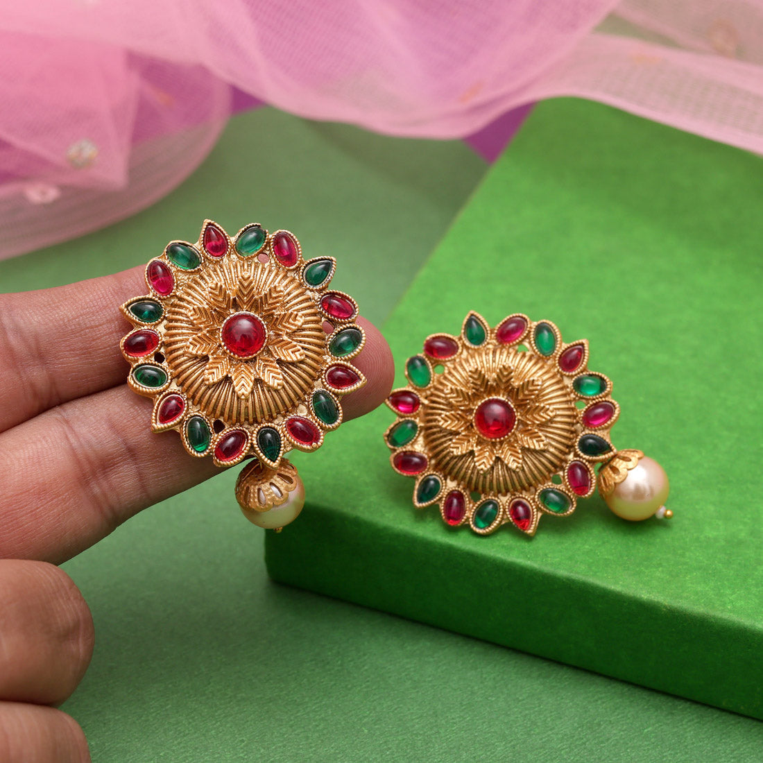 Rani & Green Color Rajwadi Matte Gold Earrings (MGE310RNIGRN) Jewellery GetGlit