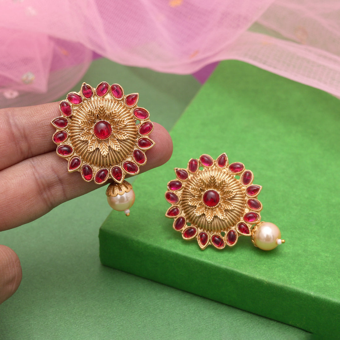 Rani Color Rajwadi Matte Gold Earrings (MGE310RNI) Jewellery GetGlit