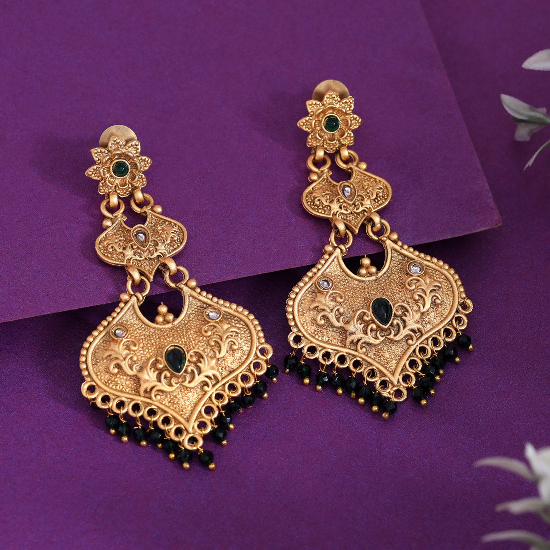 Green Color Rajwadi Matte Gold Earrings (MGE312GRN) Jewellery GetGlit