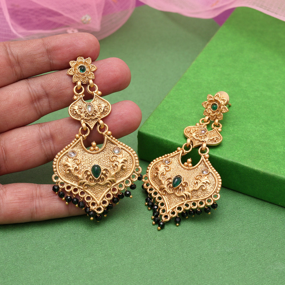 Green Color Rajwadi Matte Gold Earrings (MGE312GRN) Jewellery GetGlit