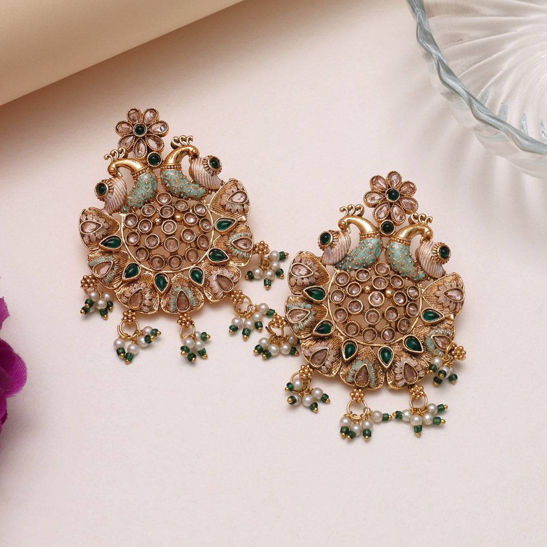 Green Color Rajwadi Matte Gold Earrings (MGE315GRN)