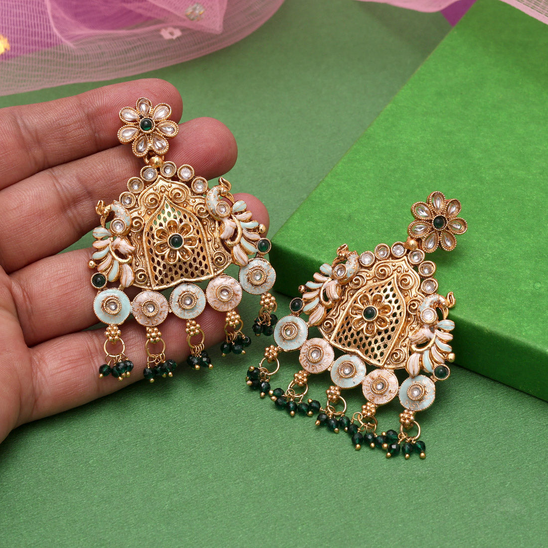 Green Color Rajwadi Matte Gold Earrings (MGE316GRN) Jewellery GetGlit