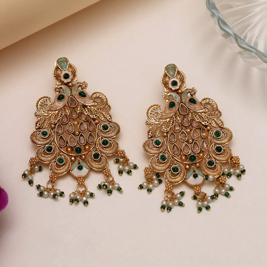 Green Color Rajwadi Matte Gold Earrings (MGE317GRN)