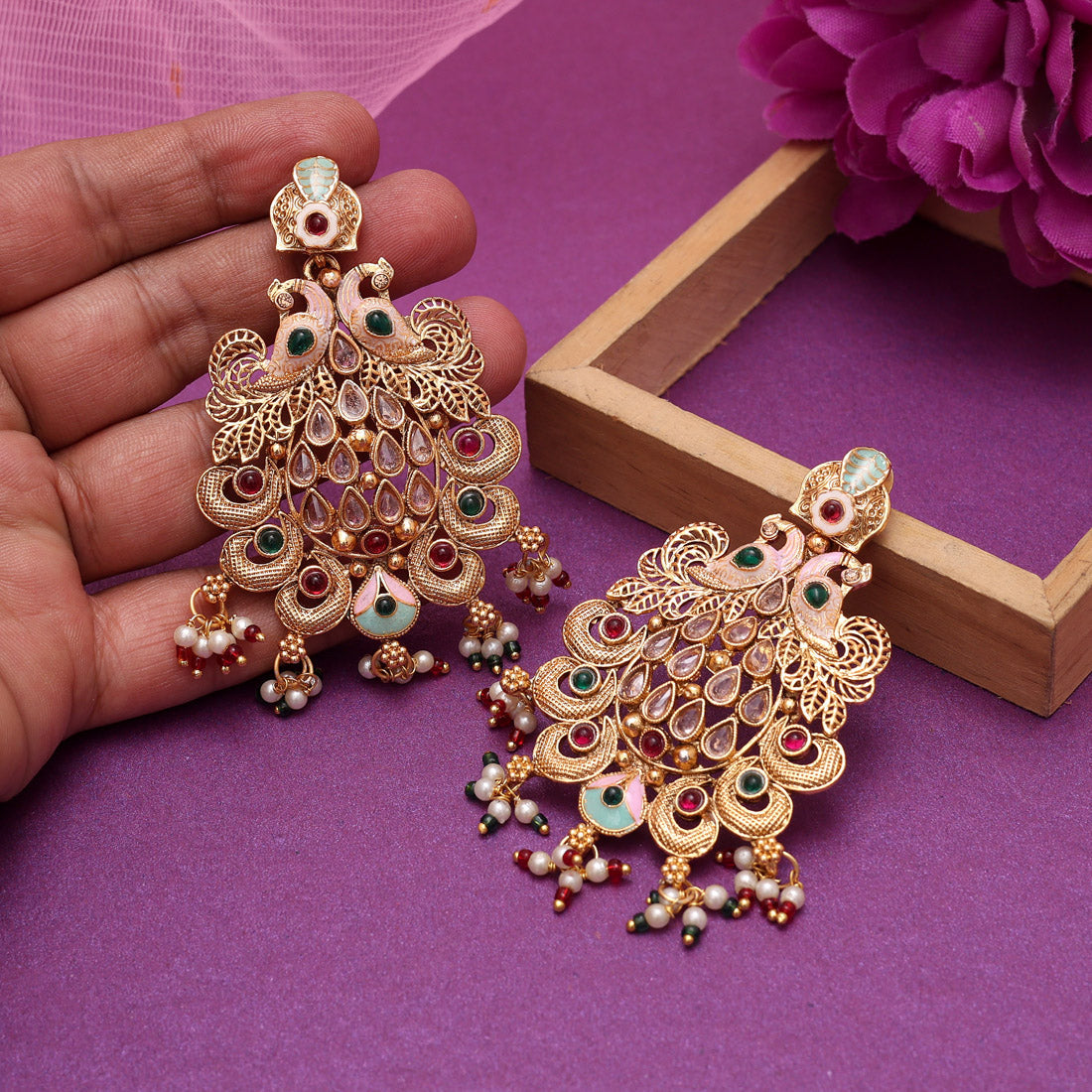 Multi Color Rajwadi Matte Gold Earrings (MGE317MLT) Jewellery GetGlit