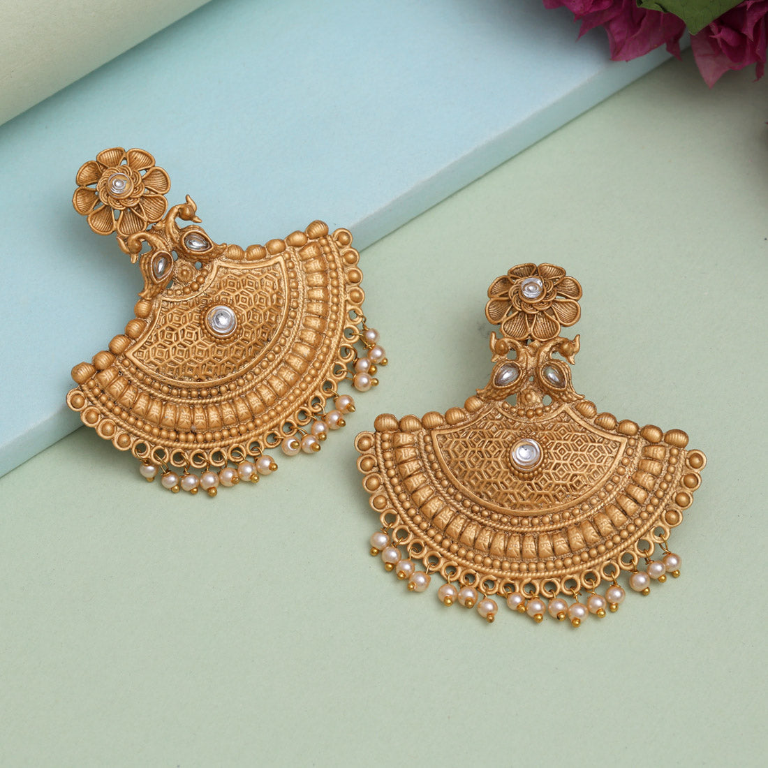 Gold Color Rajwadi Matte Gold Earrings Jewellery GetGlit