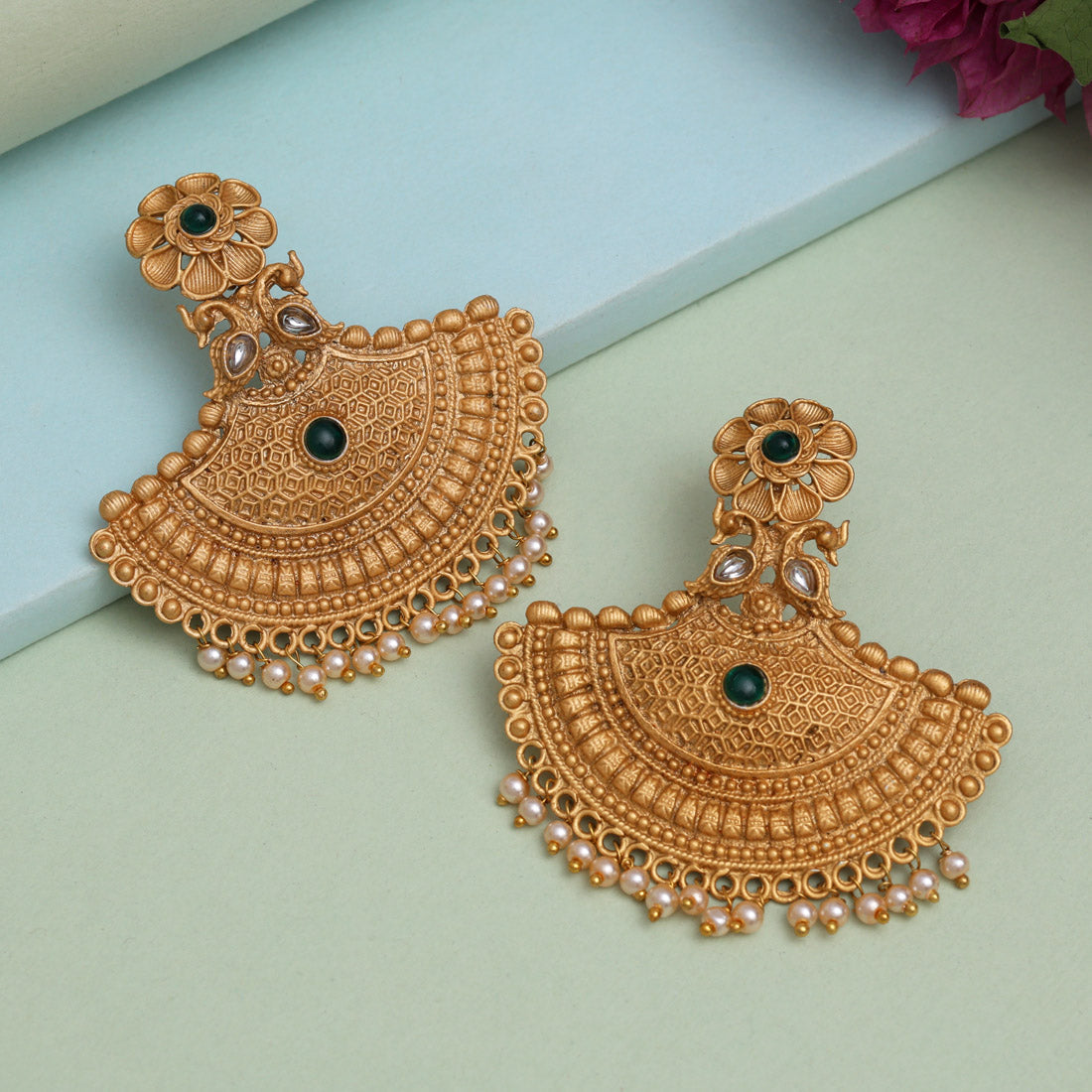 Green Color Rajwadi Matte Gold Earrings Jewellery GetGlit