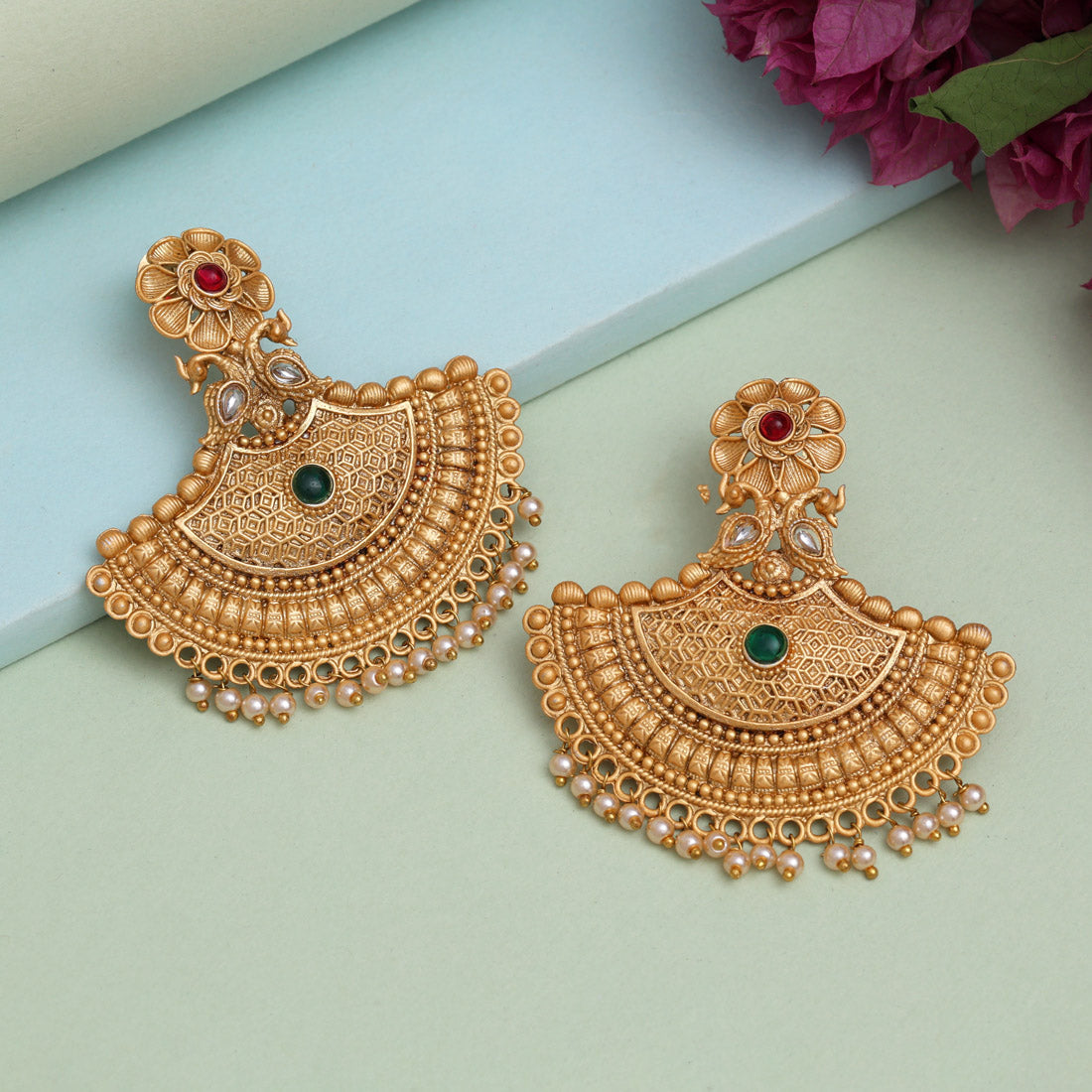 Rani & Green Color Rajwadi Matte Gold Earrings