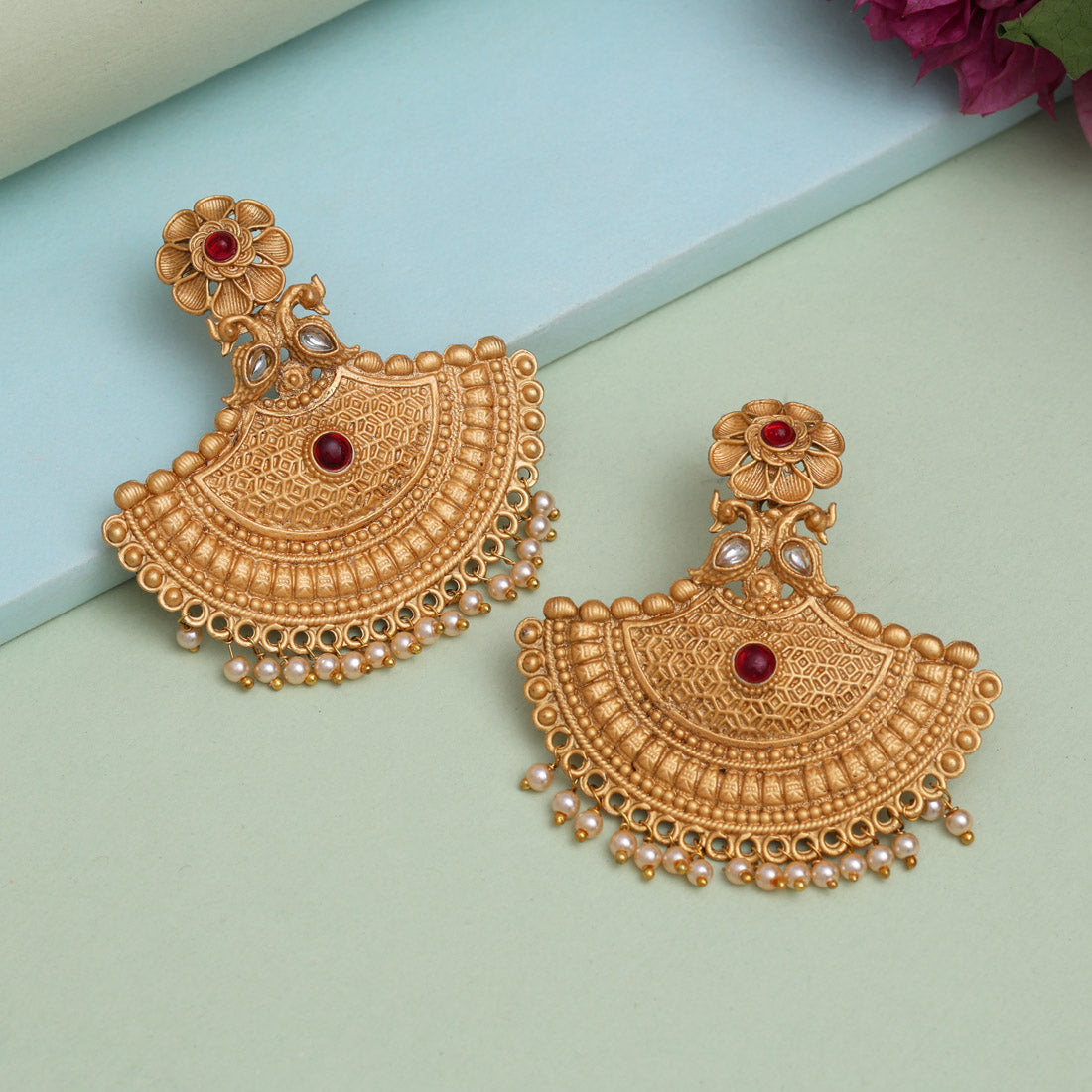 Rani Color Rajwadi Matte Gold Earrings