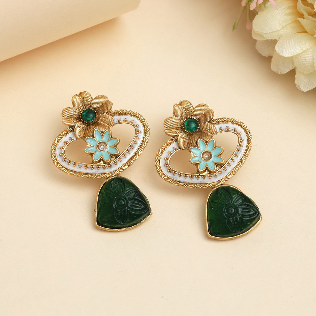 Green Color Rajwadi Matte Gold Earrings (MGE320GRN) Jewellery GetGlit