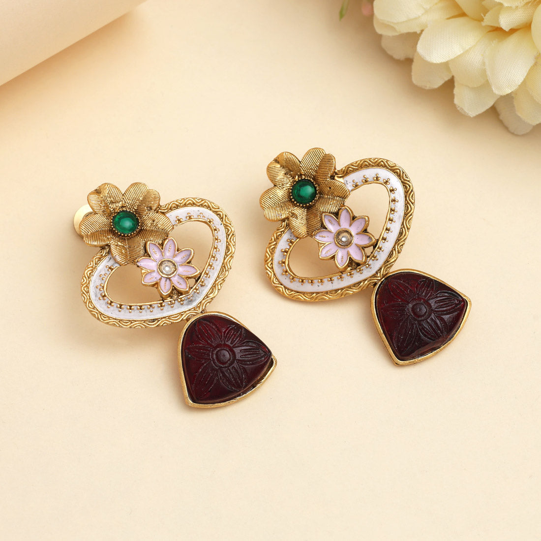 Maroon & Green Color Rajwadi Matte Gold Earrings