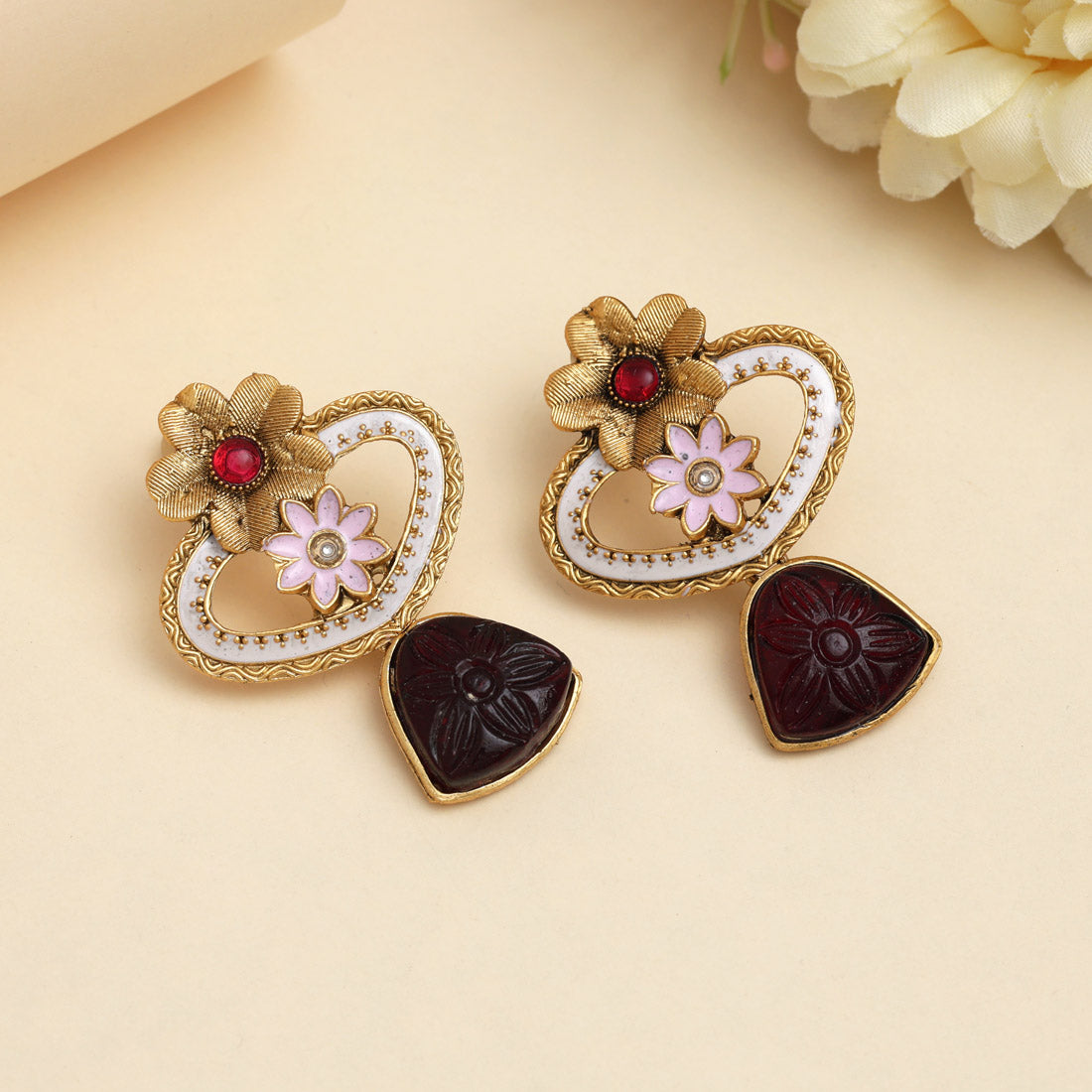 Maroon Color Rajwadi Matte Gold Earrings Jewellery GetGlit