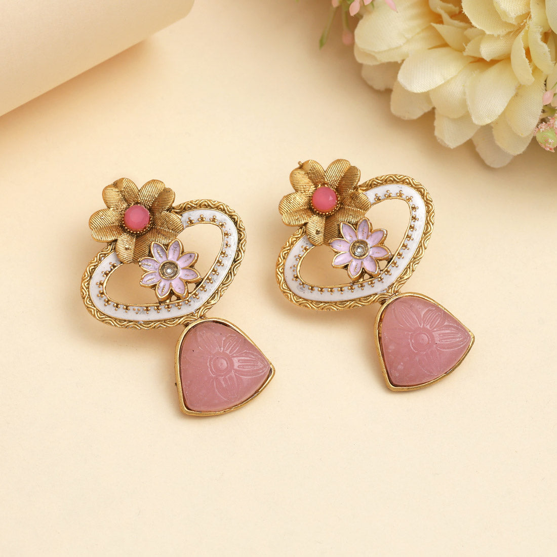 Pink Color Rajwadi Matte Gold Earrings