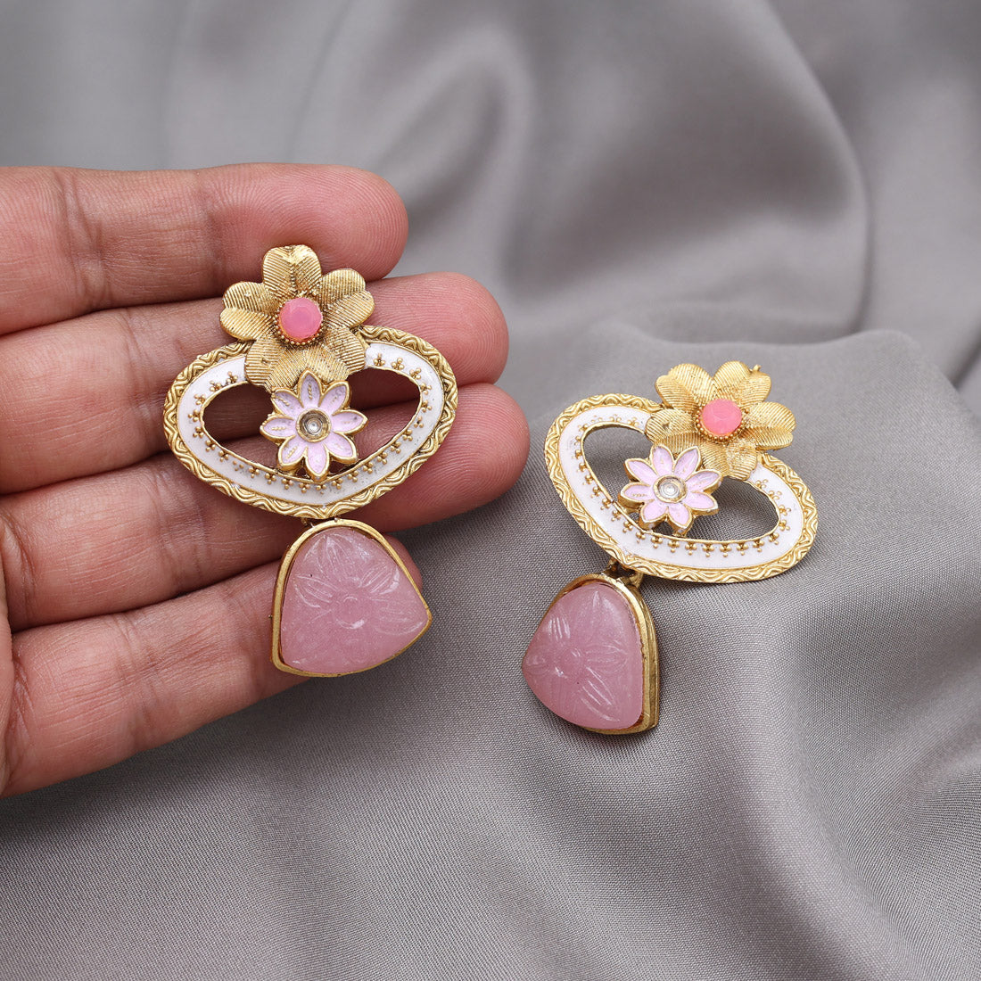 Pink Color Rajwadi Matte Gold Earrings (MGE320PNK) Jewellery GetGlit