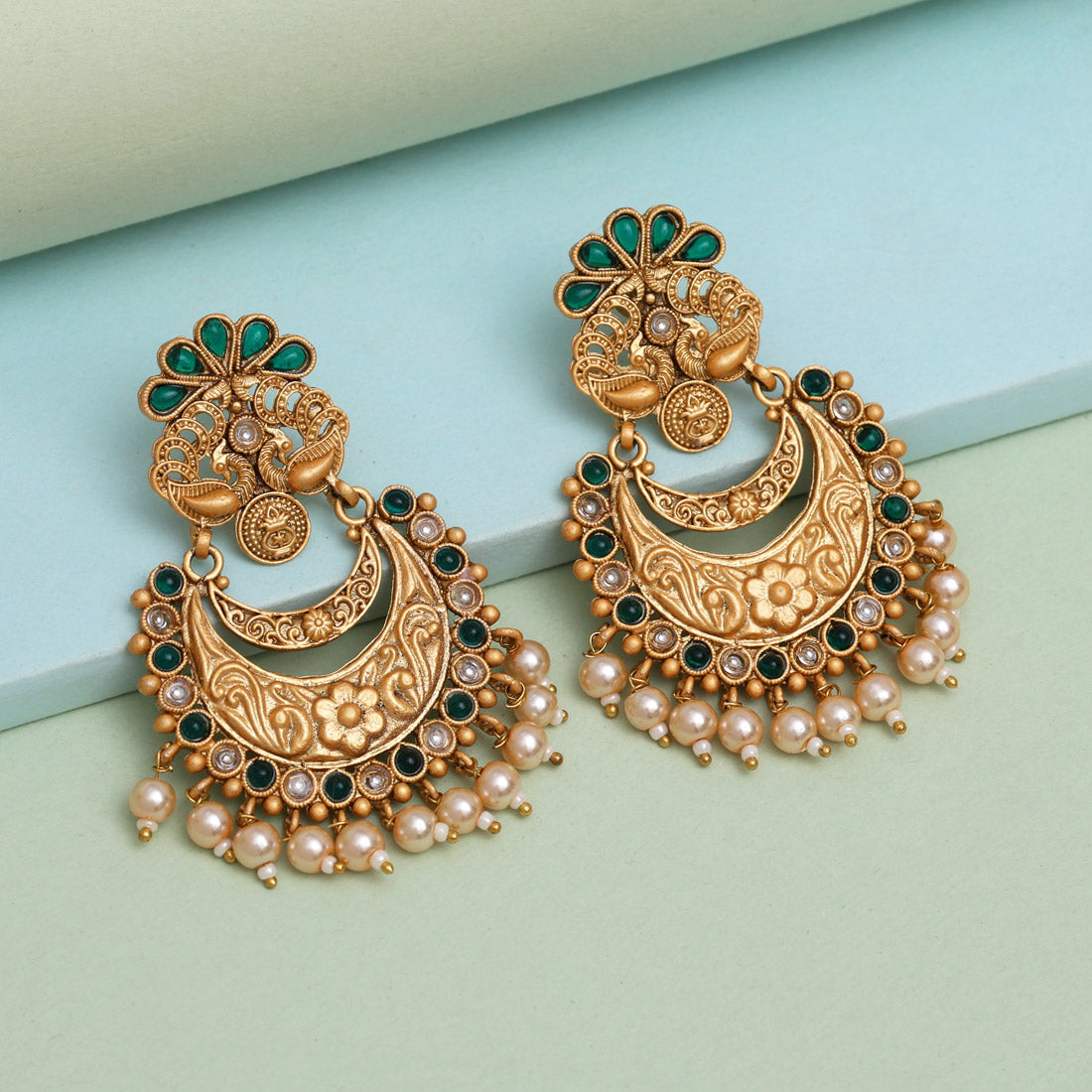 Green Color Rajwadi Matte Gold Earrings (MGE322GRN) Jewellery GetGlit