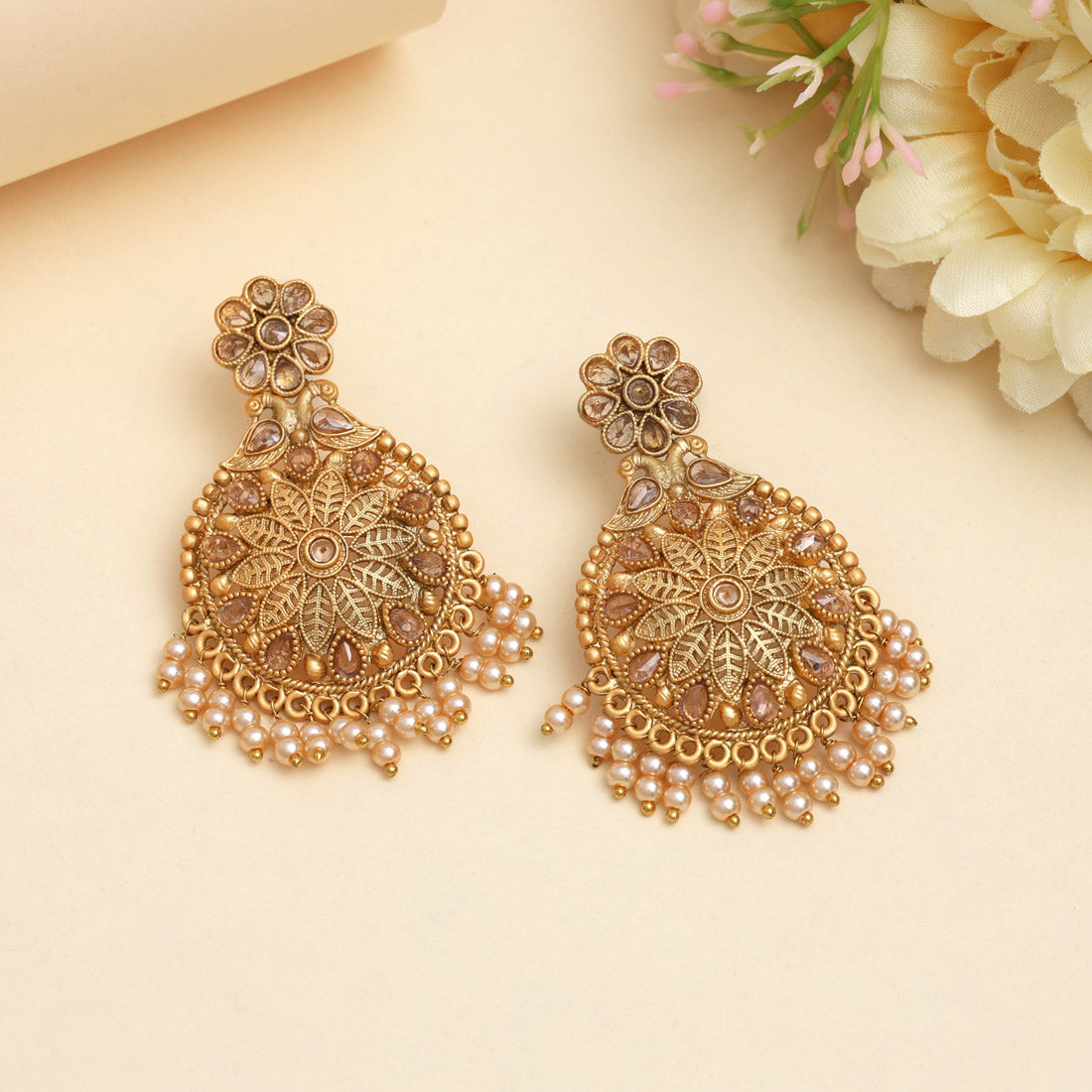 Gold Color Rajwadi Matte Gold Earrings (MGE323GLD) Jewellery GetGlit