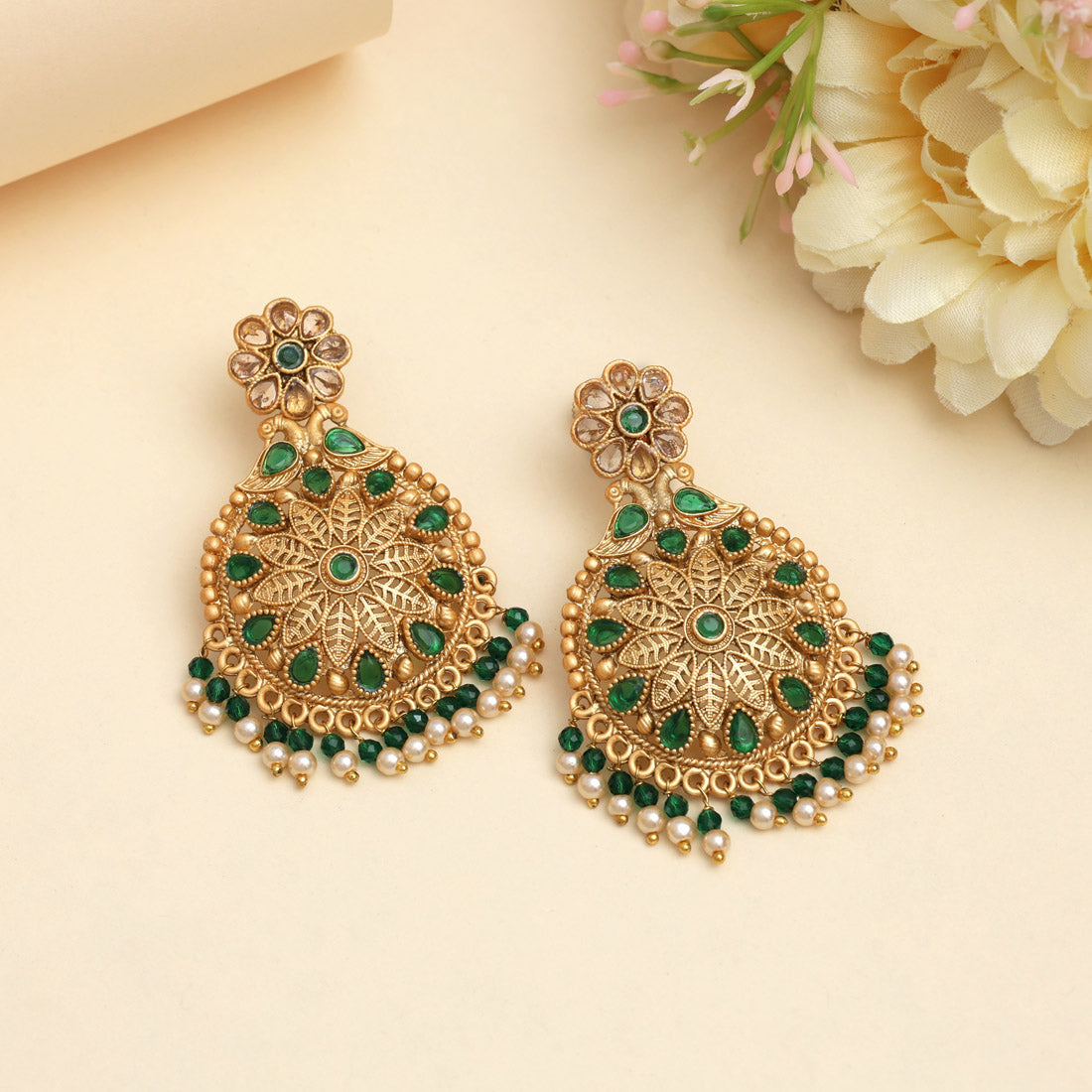 Green Color Rajwadi Matte Gold Earrings (MGE323GRN) Jewellery GetGlit