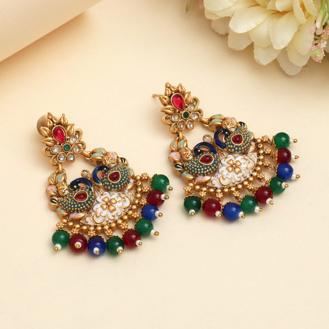 Multi Color Meena Work Rajwadi Matte Gold Earrings