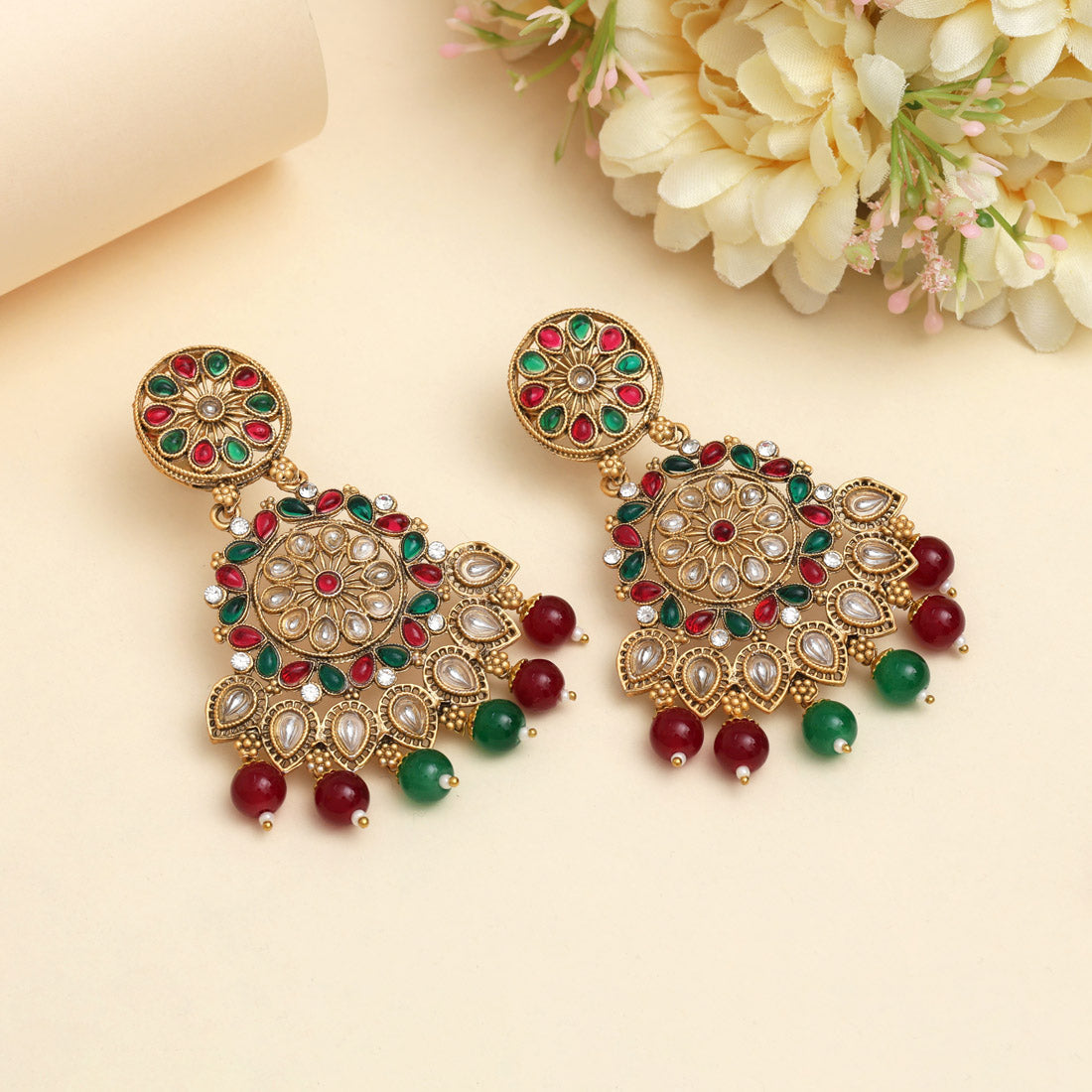 Maroon & Green Color Rajwadi Matte Gold Earrings (MGE328MG) Jewellery GetGlit