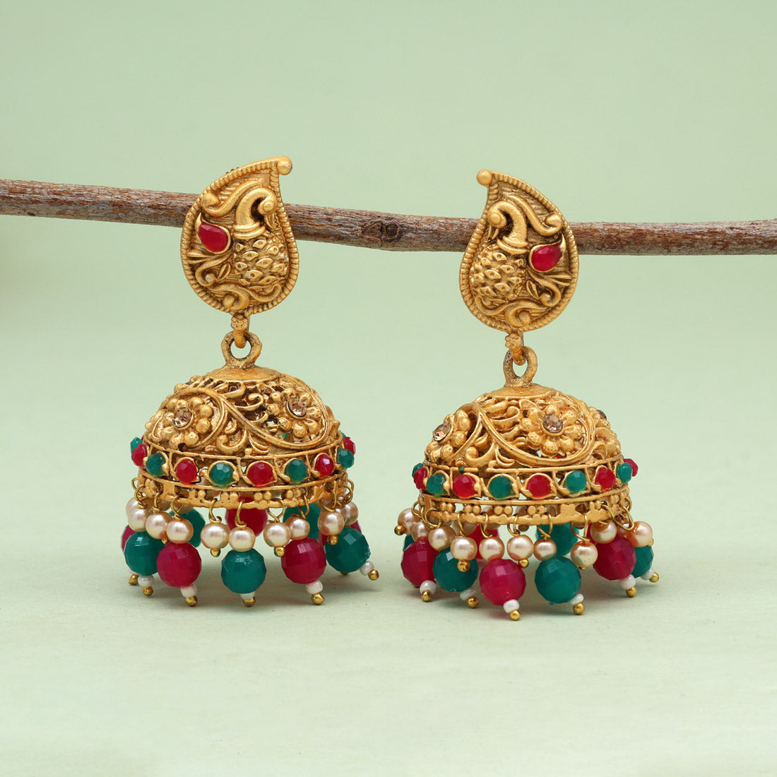 Rani & Green Color Rajwadi Matte Gold Earrings (MGE329RNIGRN)