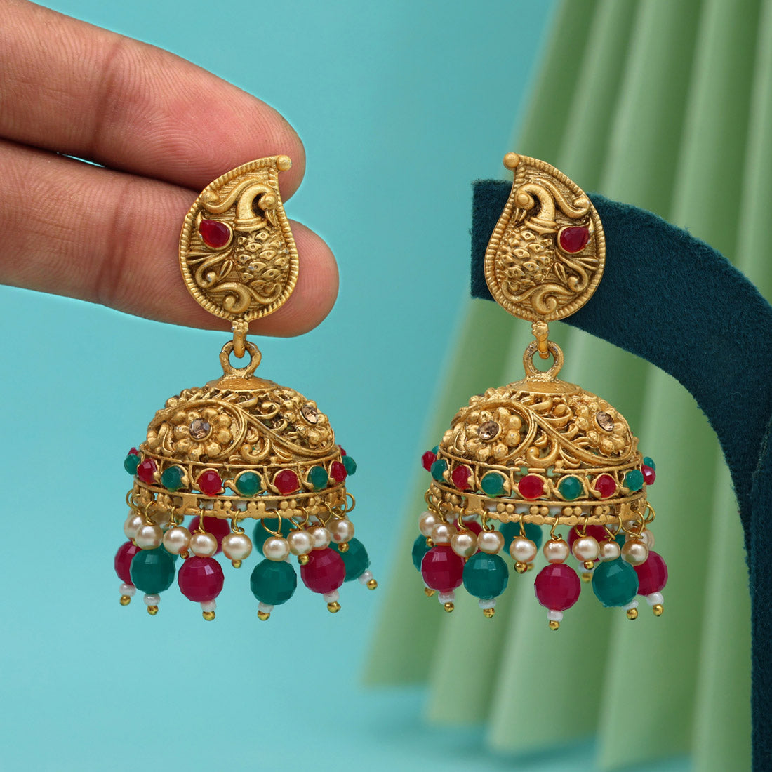 Rani & Green Color Rajwadi Matte Gold Earrings (MGE329RNIGRN) Jewellery GetGlit