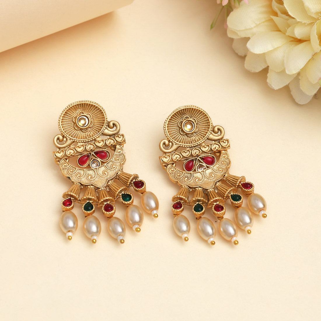 Rani & Green Color Rajwadi Matte Gold Earrings (MGE330RNIGRN)